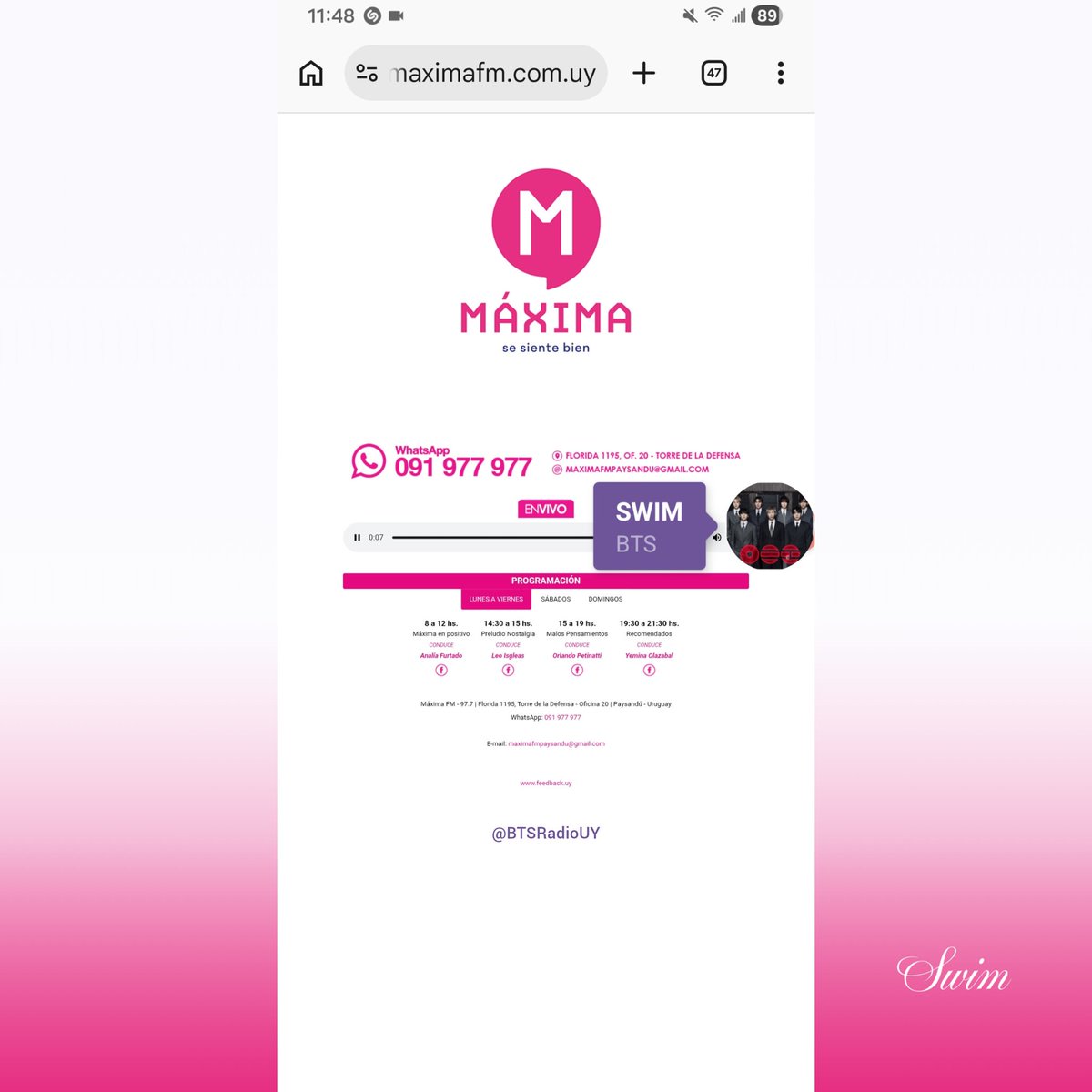 BTSRadioUY's tweet photo. 📻 | Máxima FM 97.7
#SWIM de @BTS_twt subió a la posición n.º 13 (+2) en el #RankingTop20
¡ARMY, gracias por apoyar!, vamos por más 💪 https://t.co/O8obvlXF9w