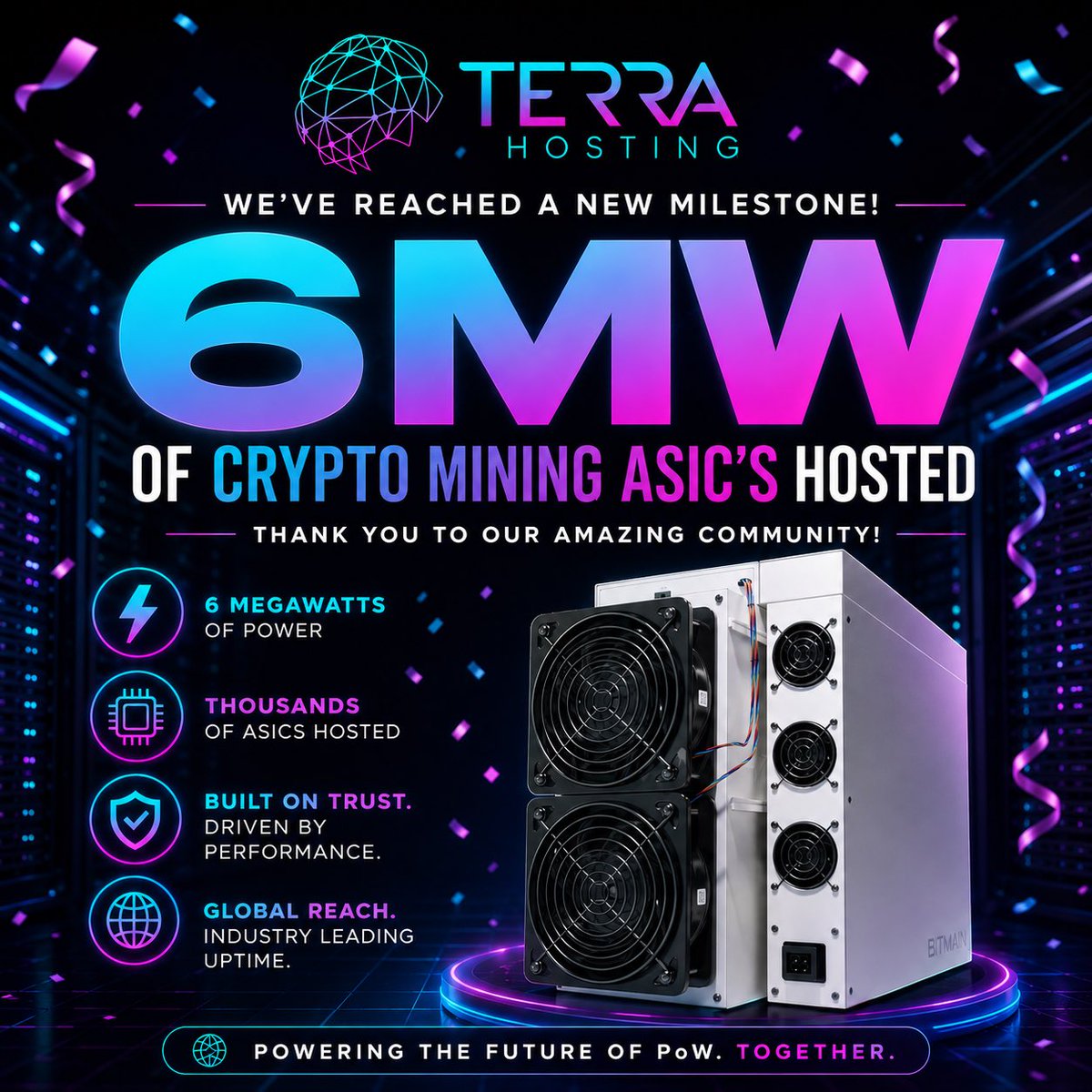 HostWithTerra's tweet photo. 6MW officially online. ⚡️

What started as an idea has continued to grow because of the miners, partners, and community that believed in what we’re building. Hitting 6MW is a huge milestone, and we don’t take a single bit of that support for granted! 

To everyone hosting with us, supporting us, sharing our content, and growing alongside us… THANK YOU 🤝

And honestly? We’re just getting started!

More growth. More infrastructure. More opportunities for miners coming soon ⛏️