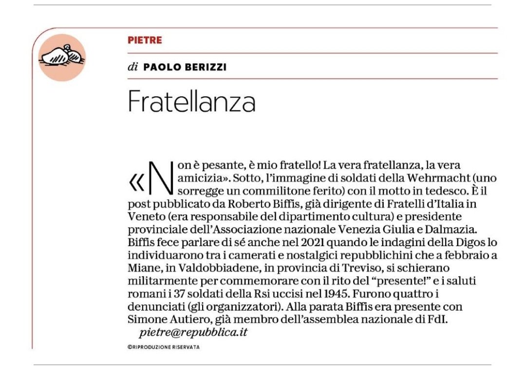 PBerizzi's tweet photo. L'immagine dei soldati della Wehrmacht per spiegare la fratellanza. Il post shock di Roberto Biffis, ex responsabile cultura FdI in Veneto e presidente Associazione nazionale Venezia Giulia e Dalmazia.

#Pietre
@repubblica https://t.co/v6Rjnu1YHC