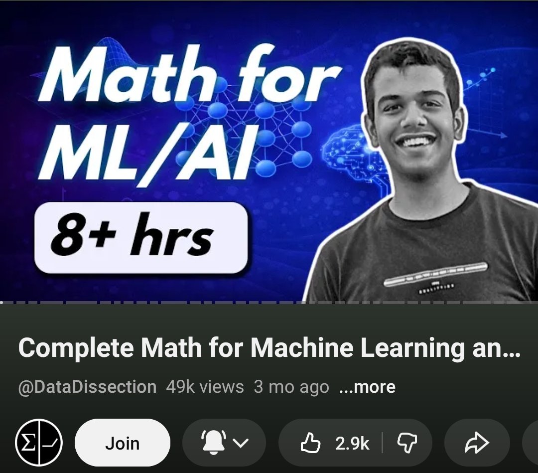 shivam21102005's tweet photo. After completing 3blue1brown maths video lectures....
I am going to watch One shot Maths lecture for ML and AI by @DataDisection ....
-Good for formulas clarity
-Good For revision
-Imp questions related to Interview
link-https://t.co/RojbYivEch
#selflearning #Ai https://t.co/aRRA3V4P52