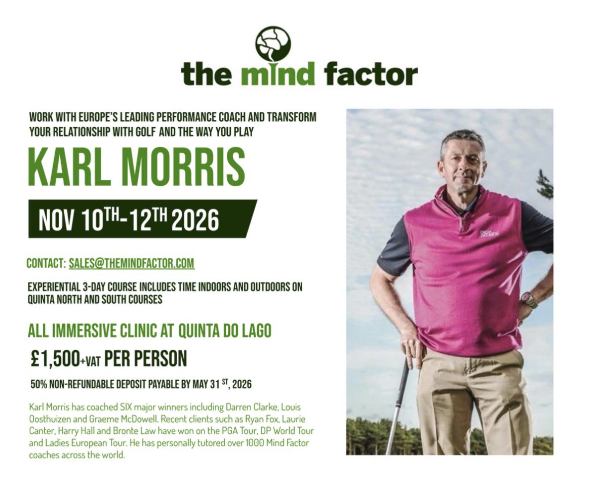 TheMindFactor's tweet photo. EXCLUSIVE!
MIND FACTOR GOLF SCHOOL
3 DAYS.  @QDLResort PORTUGAL
10-12 Nov 26
2025 school SOLD OUT!
Experience what COULD be POSSIBLE with your game in 2026.
*Immersive *interactive *indoors, range, on course
GB£ 1,500 + VAT. Max 10 places. Book direct on : sales@themindfactor.com https://t.co/So7Wn9PwXn