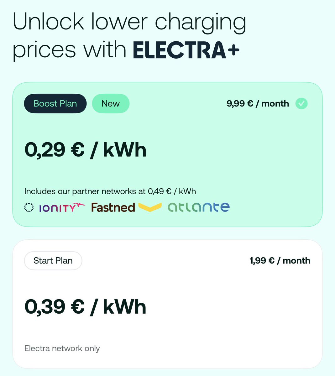 DriveGreen80167's tweet photo. This is nice news for me. Electra, with its €9.99 monthly subscription option, now offers €0.29 per kWh, which also includes access to partner networks for €0.49, such as Ionity, Fastned, and Atlante. https://t.co/fbO6yvPWWe