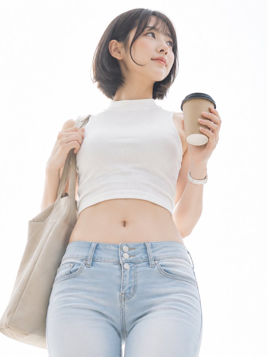 underwoodxie96's tweet photo. good day
https://t.co/hxiVPkXxaC
prompt：A fresh high-key white-background lifestyle portrait of a young woman in her 20s standing against a pure white to pale gray-white bright background. The camera is close and low, placed below the waist or hip level and looking upward. The subject is centered in a vertical 3:4 or 4:5 frame, captured from the head to below the hips, with the lower legs cropped out. The overall feeling is like a Japanese lifestyle magazine image, a city commute moment after buying coffee in bright morning light.  She has a natural black or deep dark-brown short bob haircut around chin length, with airy bangs and softly inward-curved ends. The side hair gently frames the cheeks, with a subtle backlit rim along the edges. Her expression is calm and gentle, lips naturally closed, eyes looking toward the upper right side of the frame as if noticing something in the distance. Makeup is clean and everyday: lightweight natural base, soft natural brows, subtle eyeliner, light lashes, barely visible blush, and muted nude-pink or soft rose-beige lips.  She wears a milk-white sleeveless high-neck cropped ribbed knit top. The fine vertical rib texture is visible, the fabric is close-fitting and slightly elastic, and the hem stops around the upper abdomen with small natural wrinkles and side stretch. She pairs it with pale washed-blue low-rise or mid-low-rise skinny jeans, with a low waistband, three metal buttons, pale stitching, clear front pocket and fly lines, and slight tension wrinkles around the hips and upper thighs. Her left hand holds the strap of a large beige tote bag hanging from the left shoulder or arm, while her right hand holds a brown takeaway coffee paper cup with a black lid. The right wrist bends naturally. A light-colored watch or bracelet may appear on the left wrist, with very minimal accessories overall.  Visible skin includes the face, neck, both shoulders, upper arms, forearms, hands, fingers, a small amount of underarm-edge skin, a large area of the waist and abdomen, the navel area, and the side waist. The chest, hips, and legs are mostly covered by the top and jeans; the back, buttocks, and leg skin are not visible. Her skin tone is fair warm ivory, bright and clean under the high-key white background and soft backlight, with slight beige-pink undertones in the shadows. The skin should look delicate but real, with natural softness and subtle folds on the abdomen and realistic color variation around the finger joints. It should feel warm, soft, lightly elastic, and human, not plastic or over-smoothed.  Lighting is made of large white diffused ambient light and soft backlight, as if photographed near a white window, in a white studio set, or under strong diffused daylight. The background is slightly brighter than the subject, with light spilling from behind and above. Weak frontal fill keeps shadows shallow. Soft highlights appear on the shoulders, side of the face, arms, and abdomen edges, while faint gray shadows sit under the chest and lower abdomen where fabric and body overlap. The image should be low-contrast, clean, bright, and softly backlit, with a slightly overexposed white background while preserving the subject’s outline. Keep the real low-angle perspective, slight body tilt, clothing wrinkles, and everyday object feeling of the coffee cup and tote bag.