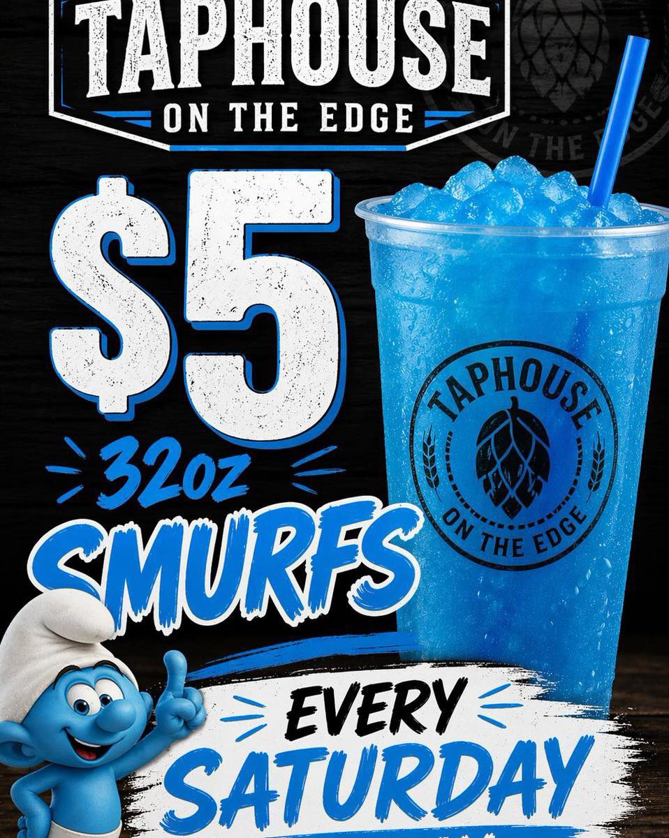 TaphouseEdge's tweet photo. 🔥 SATURDAY SPECIALS AT TAPHOUSE ON THE EDGE 🔥

Come out to Taphouse this Saturday and treat yourself! 🍔🍗🥤

✅ Smash Burgers hot off the grill  
✅ Hand-Battered Chicken Strips made fresh  
✅ ALL MONTH LONG — our signature 32oz “Smurf Drink” for just FIVE BUCKS 💙 https://t.co/fe9vSnAaZ4