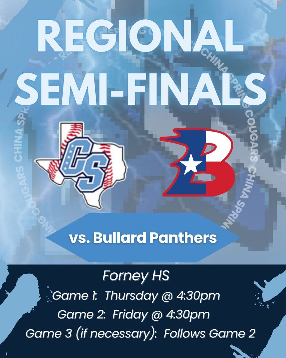 jbdominguez's tweet photo. Regional Semis are set!!
China Spring vs Bullard - All games at Forney HS
Game 1:  Thu @ 4:30
Game 2:  Fri @ 4:30
Game 3 (if necessary) follows Game 2
@4ATxHsBaseball @CoryBeckham5 @CoachLessman44 @DoubleH42 @CSCougBaseball @cscougarsports @Coach_J_Gregory @KWKTFOX44 @parker_rehm @KCENSports @kwtxsports @25SportsKXXV @WacoTribSports @365sportsYT @1660ESPN @TomBarfield1863 @Bullard_Panther @BullardBsb