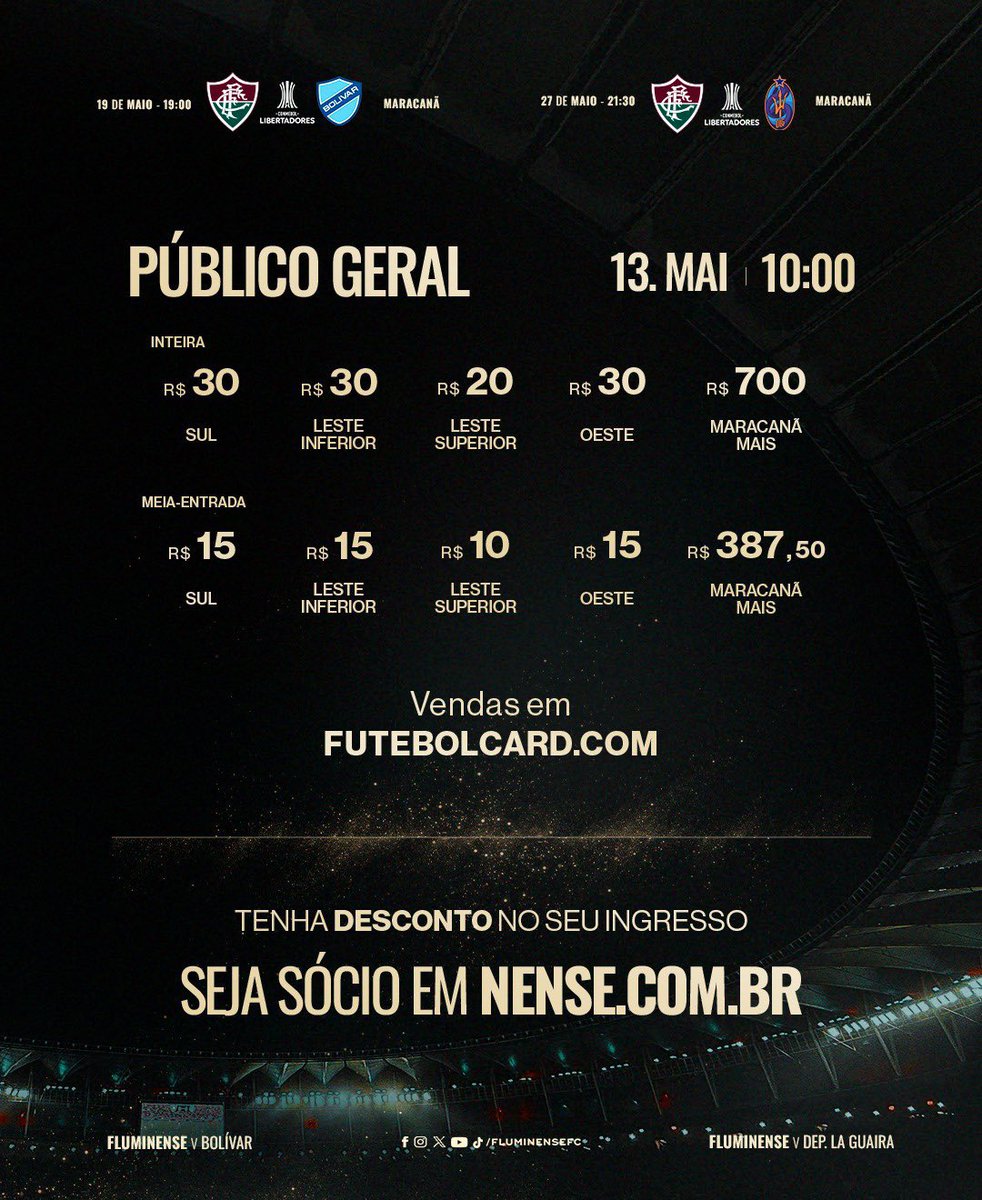 ⚠️ Fluminense divulga o preço dos ingressos com PROMOÇÃO AGRESSIVA para os dois jogos da Libertadores no Maracanã

Setor SUL: R$ 30/R$ 15

Leste INFERIOR: R$ 30/R$ 15

Leste SUPERIOR: R$ 20/R$10

Oeste INFERIOR: R$ 30/R$15

Check-in abre na segunda-feira