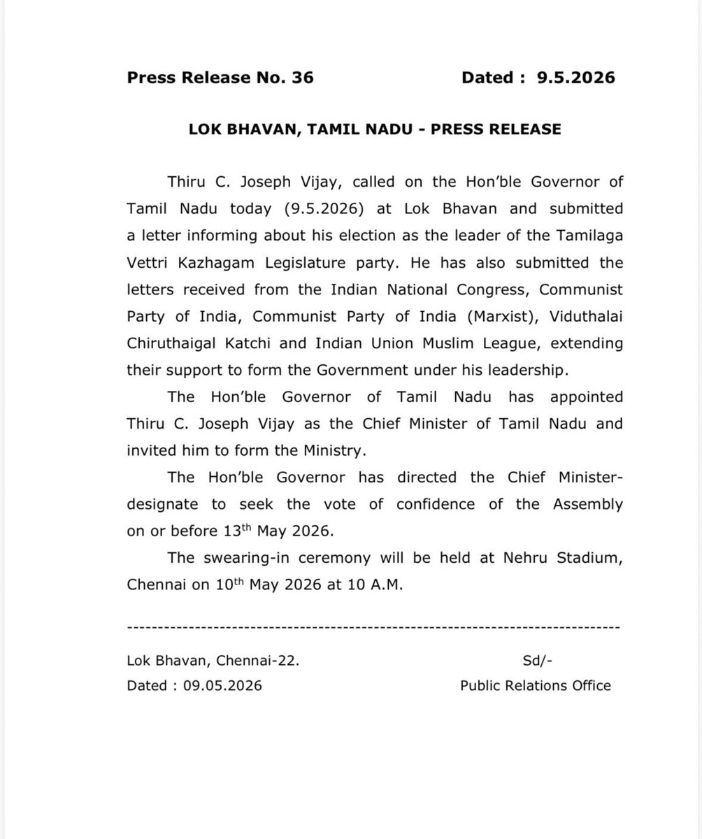gschandresh's tweet photo. #Breaking : Official Statement from @lokbhavan_tn 

- C. Joseph Vijay, TVK Chief, has been appointed as Chief Minister of Tamil Nadu. 

- Swearing in ceremony to take place tomorrow at Nehru Stadium in Chennai at 10 AM

- Floor test to be proved must be completed on or before May 13, 2026; Deadline given is 3 days

@TVKVijayHQ