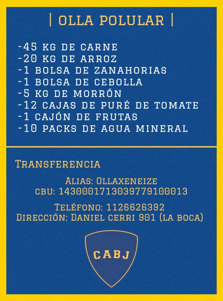 Hola. Esto es lo que necesitamos para la olla de esta semana. Para quienes ya han ayudado antes, en el flyer figuran un alias y un cbu nuevo porque Cris los tuvo que cambiar. Como siempre, todo sirve, todo suma, todo ayuda. Muchas gracias.