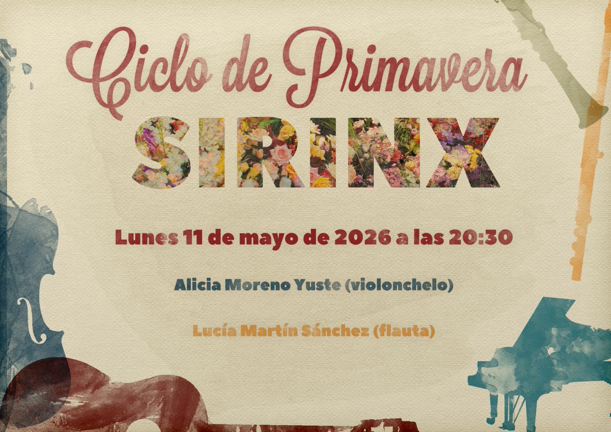 emsirinx's tweet photo. El lunes, 11 de mayo, a las 20:30, comenzamos nuestro ciclo de primavera con un estupendo concierto a cargo de Alicia MY (cello) y Lucía MS (flauta), acompañadas por Juan GLC al piano. ¡No te lo pierdas! Abierto a todo el público https://t.co/WyHhU2DNJi