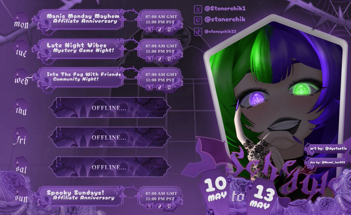 Stonerchik1's tweet photo. 💚This Week's Schedule 💜 https://t.co/I43IMAGVU0