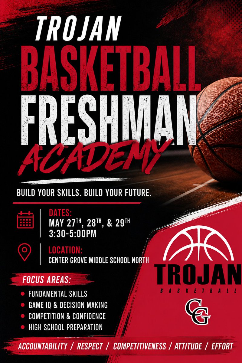 CenterGroveMBB's tweet photo. 📣Attention Incoming Freshmen Boys 📣

Sign up for the Trojan Basketball Freshman Academy 

Date: May 27, 28, 29
Time: 3:30 PM – 5 PM
Location: Center Grove Middle School North Gym

Cost: $75 (Camp t-shirt included)
Registration: https://t.co/3J81IZB4Nf https://t.co/vgdYzaMmAl