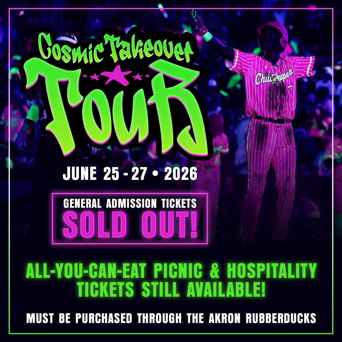 AkronRubberDuck's tweet photo. In anticipation of the nearly sold out Cosmic Takeover Tour coming to 7 17 Credit Union Park on June 25-27, 2026, the Akron RubberDucks are releasing a limited number of all-you-can-eat Picnic tickets!
 
#CosmicBaseball #Akron #AkronEvents https://t.co/UeBJA0UpO7