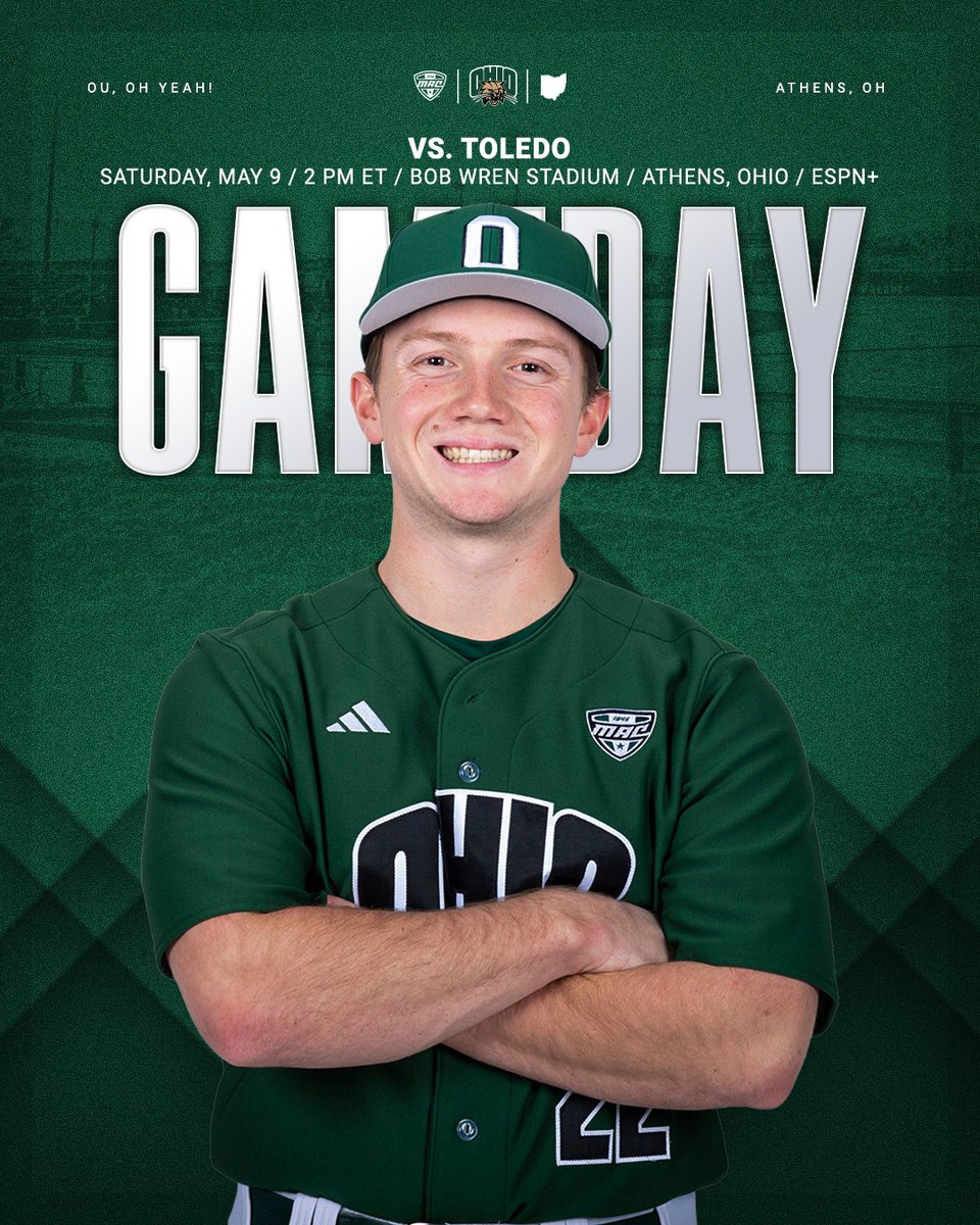 Ohio_Baseball's tweet photo. 𝗚𝗔𝗠𝗘 𝟮 𝗔𝗚𝗔𝗜𝗡𝗦𝗧 𝗧𝗢𝗟𝗘𝗗𝗢 😺

Join us before game for our commencement ceremony & celebrate our graduating student-athletes!

🆚 Toledo | 2 PM ET
📍 Athens, Ohio
🏟️ Bob Wren Stadium
🎟️: https://t.co/lk65ChAWVT
🚘: https://t.co/dB43aoiAzN
📺 ESPN+
📊: https://t.co/a9dZCR2rig
📒: https://t.co/a7TFBj8btU

#OUohyeah