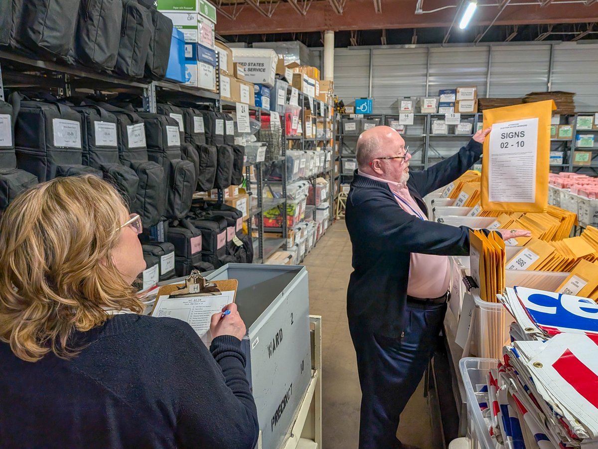 dcElections's tweet photo. Supplies &amp; ballots for each polling place are packed in precinct boxes by bipartisan teams of election workers. Douglas Co. Election Comm. Danielle Jensen and Chief Dep. Election Comm. Chris Carithers were part of the "shopping" crew. #VoteDouglasCounty #ElectionPreparations https://t.co/3D3Z2aWuuT