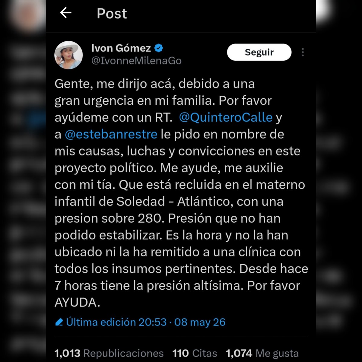 Una de las bodegueras y sicarias digitales del Petrismo se desbordaba en elogios con el Ministro de Salud del gobierno Petro, hasta hoy que una tía suya se le está muriendo porque no hay insumos, ni medicamentos, ni traslados para atenderla.

<a href="/IvonneMilenaGo/">Ivon Gómez</a> disfrute el cambio.