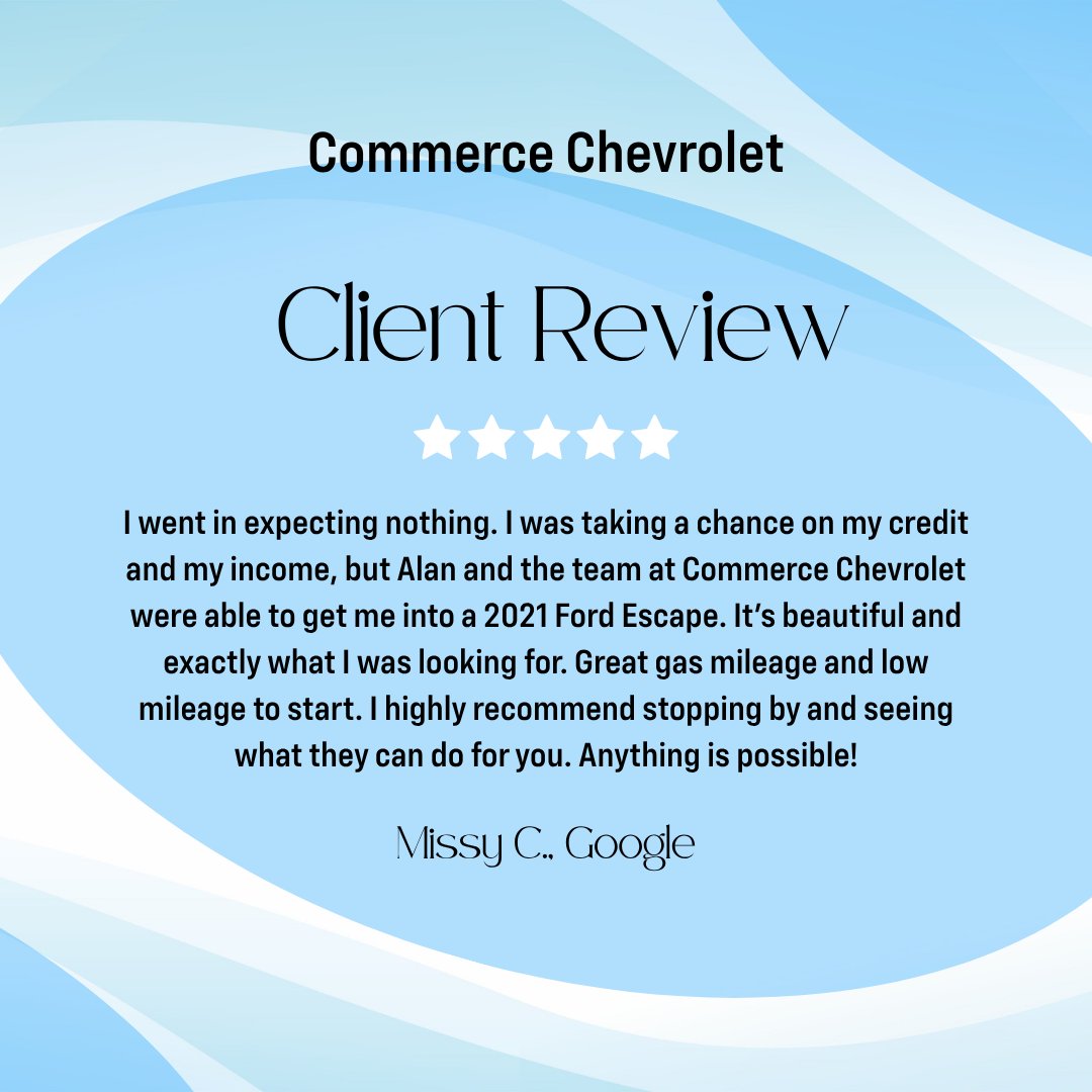 Commerce_Chevy's tweet photo. We’re so happy Alan and the team could turn your experience into something so positive, Missy. Helping customers find the right vehicle regardless of their situation is what we strive for, and it’s wonderful to hear you’re loving https://t.co/wxpXZG7Y9R