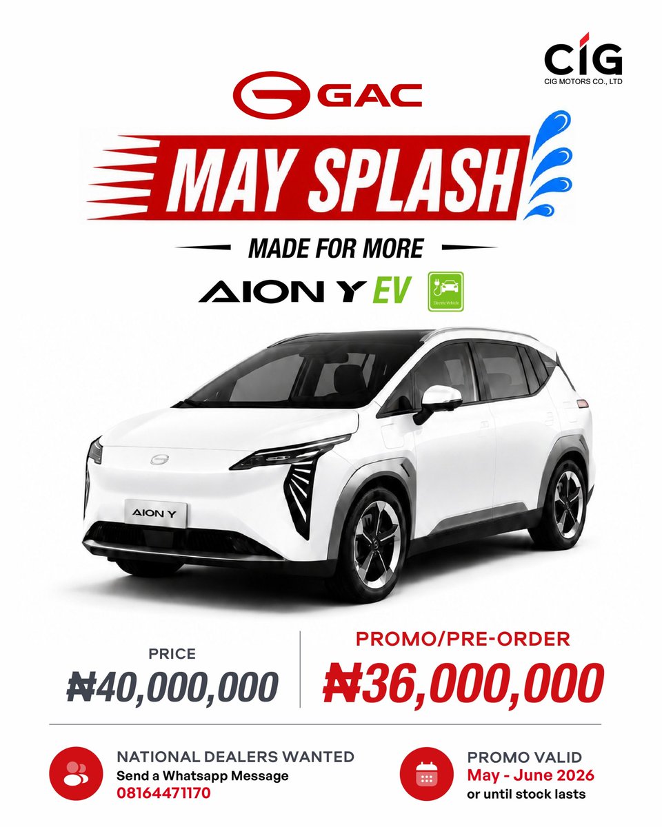 GACMotorNgr's tweet photo. May Splash Massive Discount on the GAC AionY: https://t.co/rLRhzBSYP3 https://t.co/9jkM7qBe0I