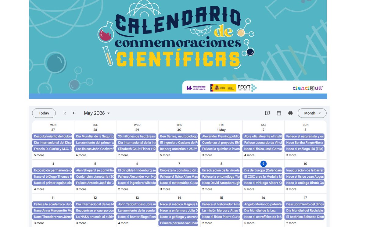 MartinMorientes's tweet photo. Calendario de conmemoraciones científicas

Un recurso muy interesante de @CienciaULL de la Universidad de la Laguna (@ULL) y @FECYT_Ciencia 

¡No se te pasará una sola efeméride! https://t.co/xK8BY0Fb6U