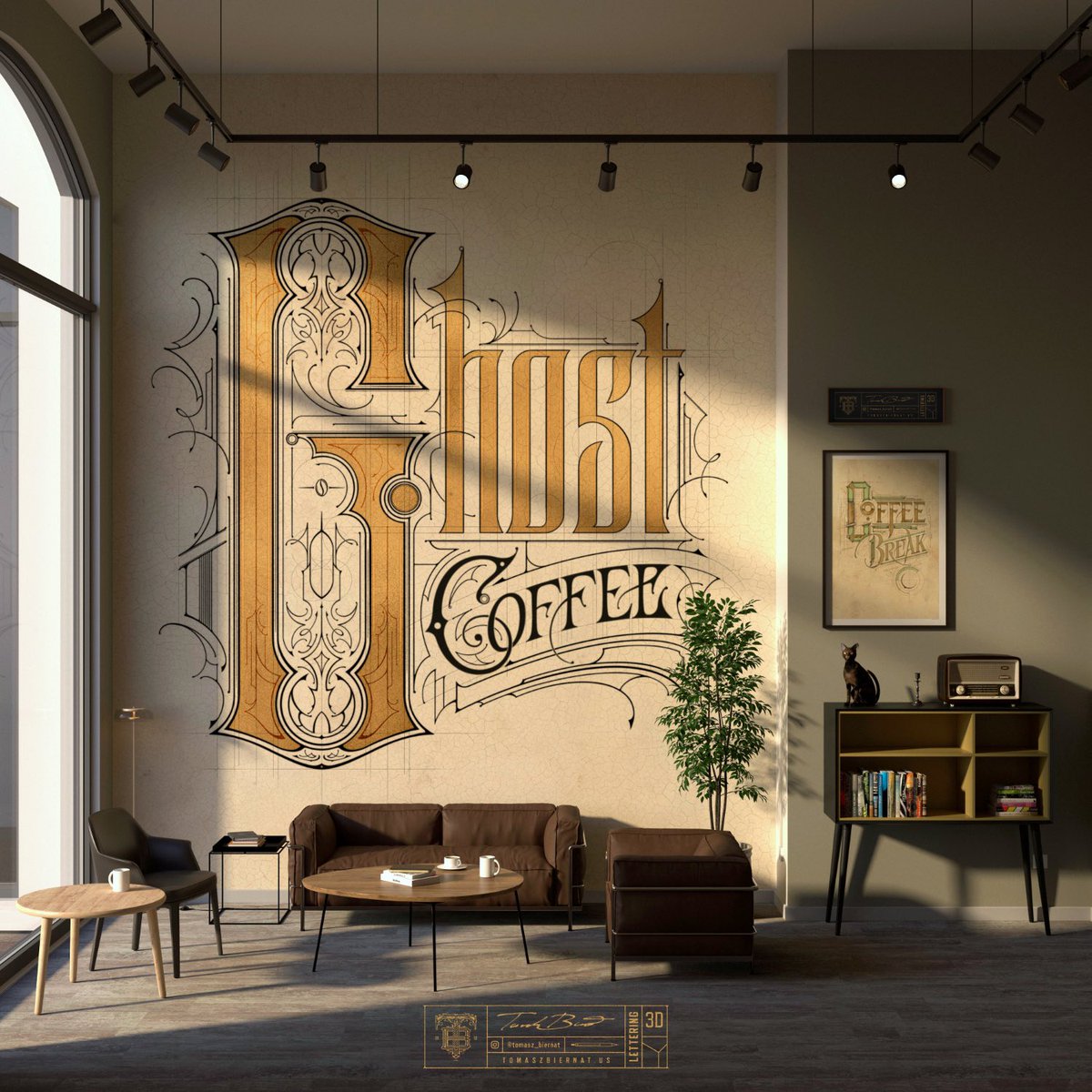 tomek_biernat's tweet photo. Do popołudniowej kawy ☕️

Ghost Coffee - Hand lettering, Rysunek cyfrowy - @Procreate 
- wizualizacja 3D, jako tapeta i kilka kaw w trakcie pracy:) 

#wallpaper #customtype #coffeeshop #cafe #coffee #interior #coffeebrand #noai #usa #procreate #sketchup #kawa #design #ghost https://t.co/lMlECkSFiC