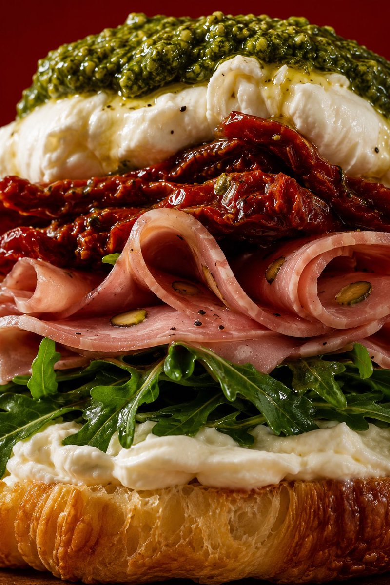 aznavourcafe's tweet photo. ET POURTANT: 
100 grs de mortadela con pistacho.
Burratina 
Pesto
Tomates secos
Rúcula.

No estamos bien de la cabeza. https://t.co/jj3hphTVIi