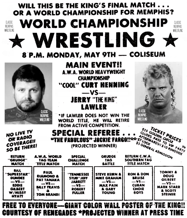 allan_cheapshot's tweet photo. #OnThisDay in 1988: Jerry Lawler defeated Curt Hennig to win the AWA Worlds Heavyweight title. Lawler's quest for a Worlds Title had been going on for 14 years.

This card drew 8,000 fans ($52,000) at the Mid-South Coliseum. May 9th was declared "Jerry Lawler Day" in Memphis. https://t.co/uc3TnlLCJt