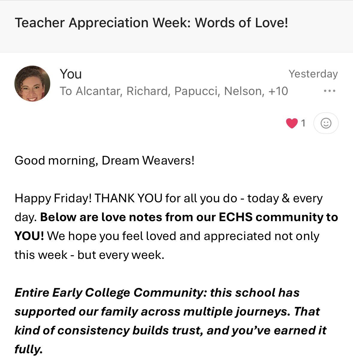 ECHS_MNPS's tweet photo. Our ECHS community show’d OUT for #TeacherAppreciationWeek! This post is only a small snippet of the outpouring of love. We 💚 &amp; appreciate our teachers EVERY DAY ! #ECHSLevelUp #HSDualEnrollment https://t.co/KuI01EKTJG