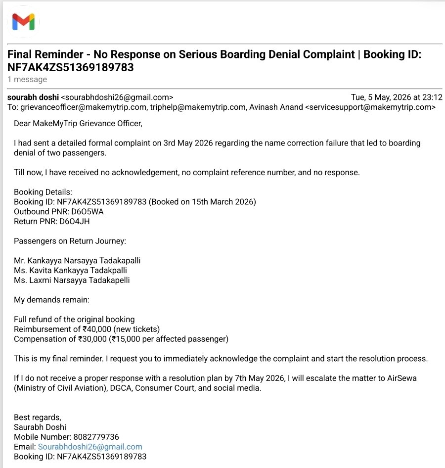 sorrryyyaaa's tweet photo. @makemytripcare Also I will be happy to share all the call recording if needed i am now approaching to Air Sewa , DGCA and consumer court for the compensation https://t.co/HTTZCtHZnu