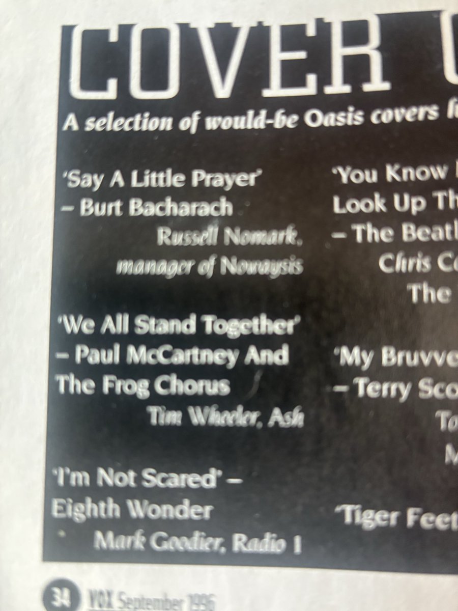 freebirdswing's tweet photo. @TimWheeler1977 Just reading the September 1996 issue of Vox . There’s an article on Oasis being at the height of their fame with a sidebar of suggestions for them to cover . I would pay good money to hear this. https://t.co/r2vVItzgY1