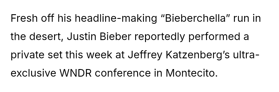 MrJoeMcBob's tweet photo. I'm not one to defend Bieber, but I think lies about anyone, even people I don't like, are bad. 

WNDR26 was not hosted by Palantir, it's hosted by Jeffrey Kantzenberg, founder of Pixar, who is a major Democratic donor. He was Biden's campaign co-chair. That's why you see so many liberals (Cameron, Oprah, Roberts,Noah, etc) there. 

Don't get me wrong, it's a conference for the mega rich, but the Palantir guy was a panelist, not the host.