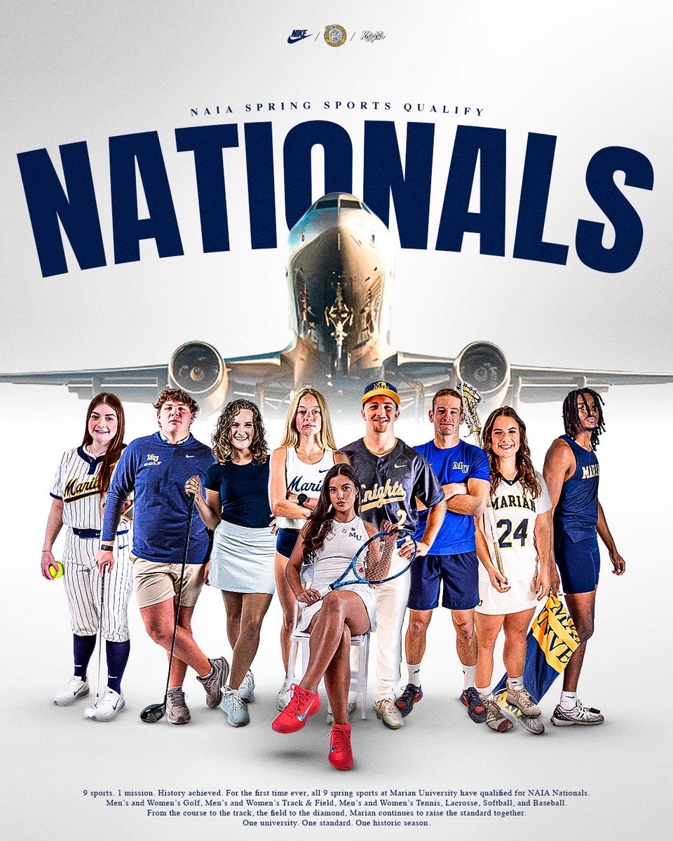 MUKnights's tweet photo. 9️⃣ for 9️⃣

For the first time in Marian’s history, all nine of our NAIA spring sports have qualified for their respective NAIA National Championships!

A busy finish to the spring starts on Monday! https://t.co/0wOdpiUT2M