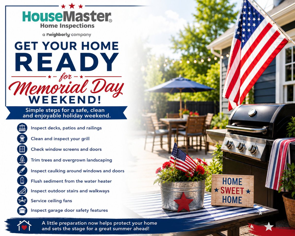 PJMHome's tweet photo. Memorial Day Weekend is the perfect time to prepare your home for summer.

Simple maintenance now can help prevent costly repairs later while improving safety and curb appeal.

✔ Inspect decks and railings
✔ Clean and inspect grills
✔ Check screens and doors
✔ Trim... https://t.co/k9vWmMDuyP