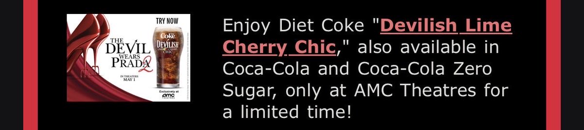 imdaniel00's tweet photo. babe what’s wrong, you haven’t had one sip of your limited edition Devilish Lime Cherry Chic  Coca-Cola Zero from @AMCTheatres https://t.co/qEHsuaiF15
