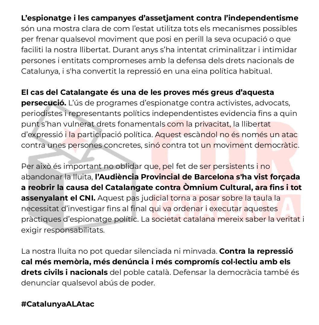 CDRCatOficial's tweet photo. via @omnium:
🟠 L’Audiència de Barcelona reobre la causa d’Òmnium contra les autoritats espanyoles per l’espionatge amb Pegasus i demana desclassificar documentació del CNI. https://t.co/oOcJBiQWW5