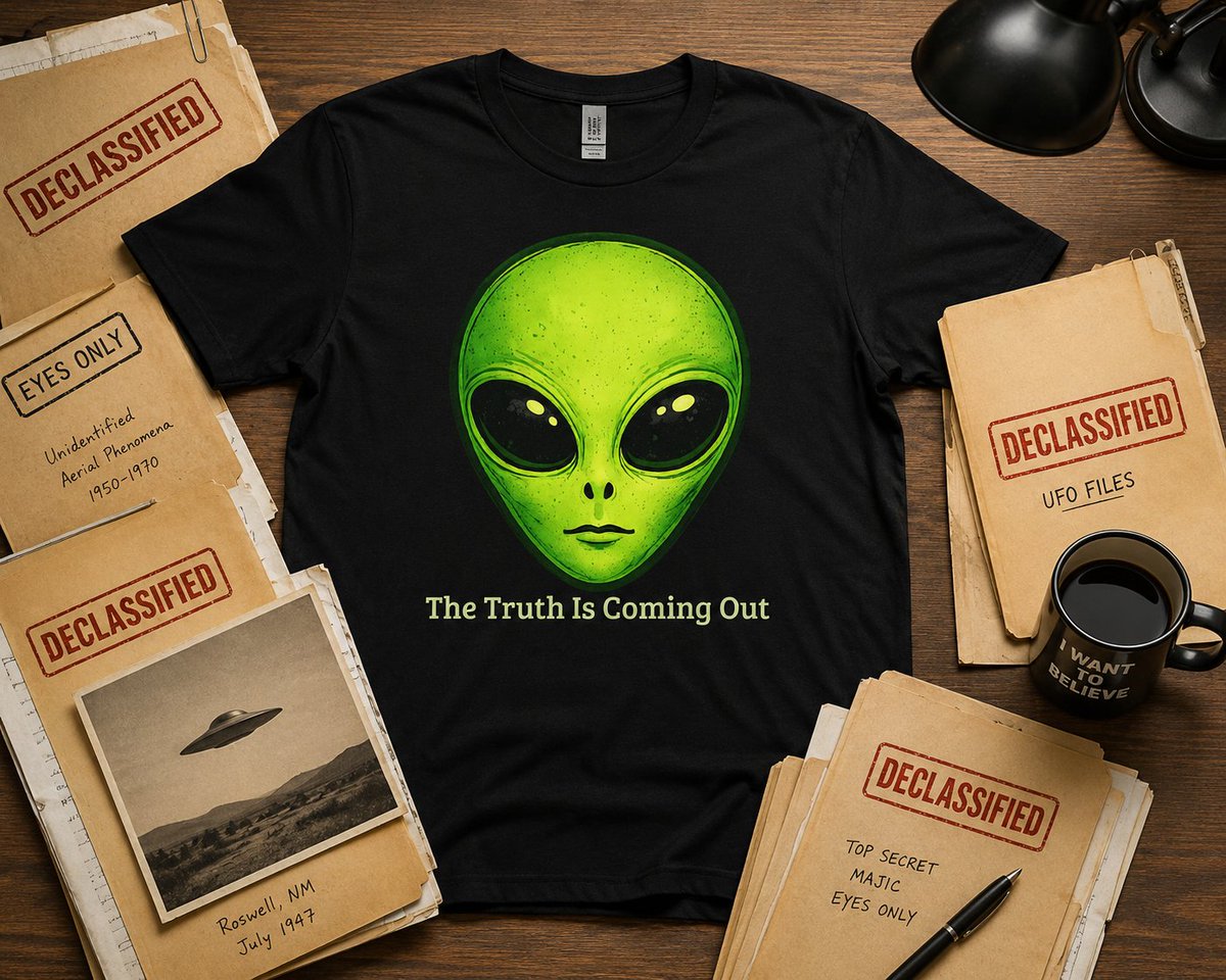 ceestees44's tweet photo. The truth is coming out. 👽

Declassified files. Decades of speculation. Questions finally getting answers.

For those who always believed.

#UFO #AlienShirt #TheTruthIsComingOut #Roswell #UAP #IWantToBelieve #SciFiFashion https://t.co/gsnl2jYZj0