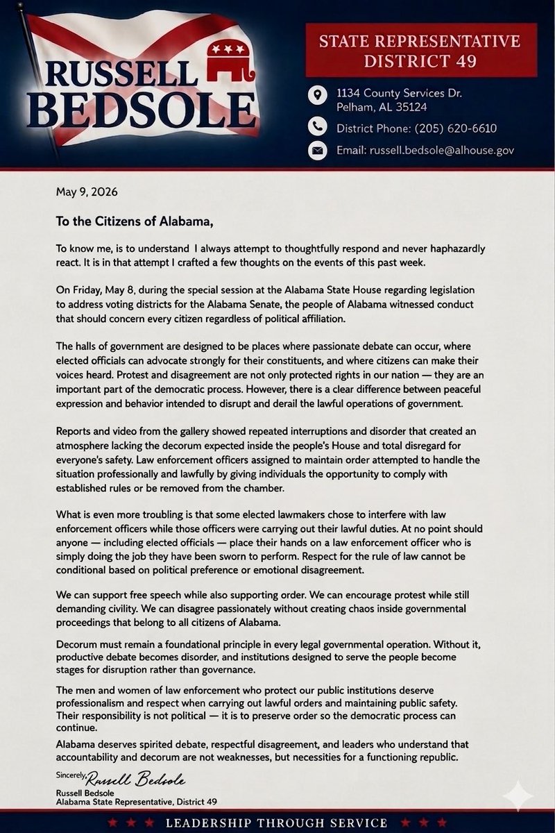 RussellBedsole's tweet photo. My statement on the events that occurred at the State House on Friday. No one should place their hands on a law enforcement officer who is lawfully doing their job. https://t.co/hezMsEVWzT