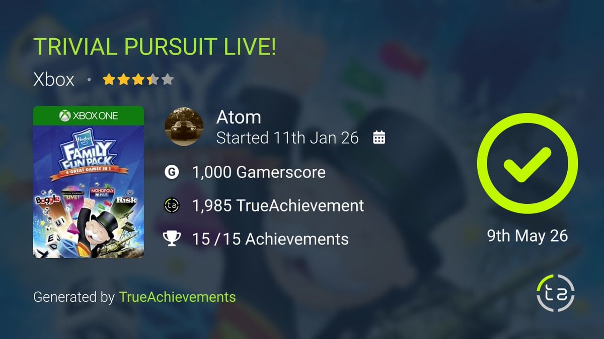 Atom6793's tweet photo. I completed the game Trivial Pursuit Live! Via @TrueAchievement https://t.co/GawaNwQR2U