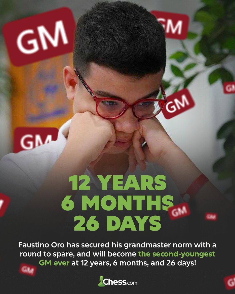 12 years. 6 months. 26 days.

Argentine star Faustino Oro will become the second-youngest chess GRANDMASTER ever after securing his GM norm! 🇦🇷📈
