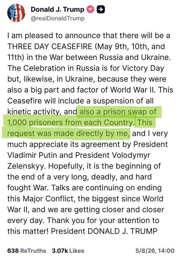 Above all, Putin has just humiliated Trump.
He torpedoed the 1,000-for-1,000 prisoner swap — one day after agreeing to Trump’s personal request.
Trump bragged: “This request was made DIRECTLY BY ME.”
Now it’s dead.