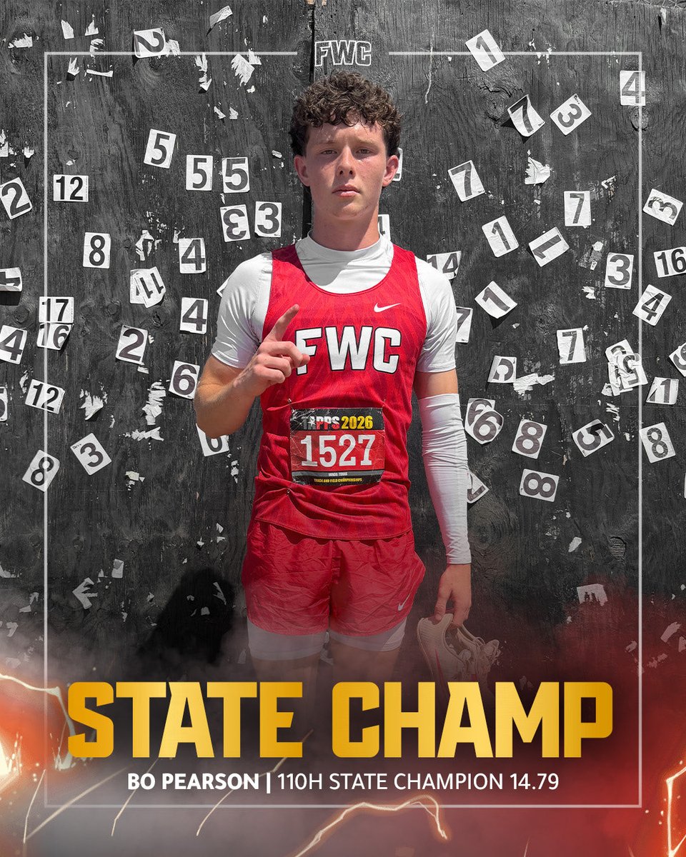 FWCathletics's tweet photo. 👑 STATE CHAMPION 👑

Racing past the competition on the biggest stage. ⚡️

Bo Pearson captured the TAPPS State Championship in the 110m hurdles with a winning time of 14.79, earning gold for the Cardinals in Waco.

Congratulations, Bo! 🥇

#GoCards (@FWCTF) https://t.co/7Bw2fBmj8R