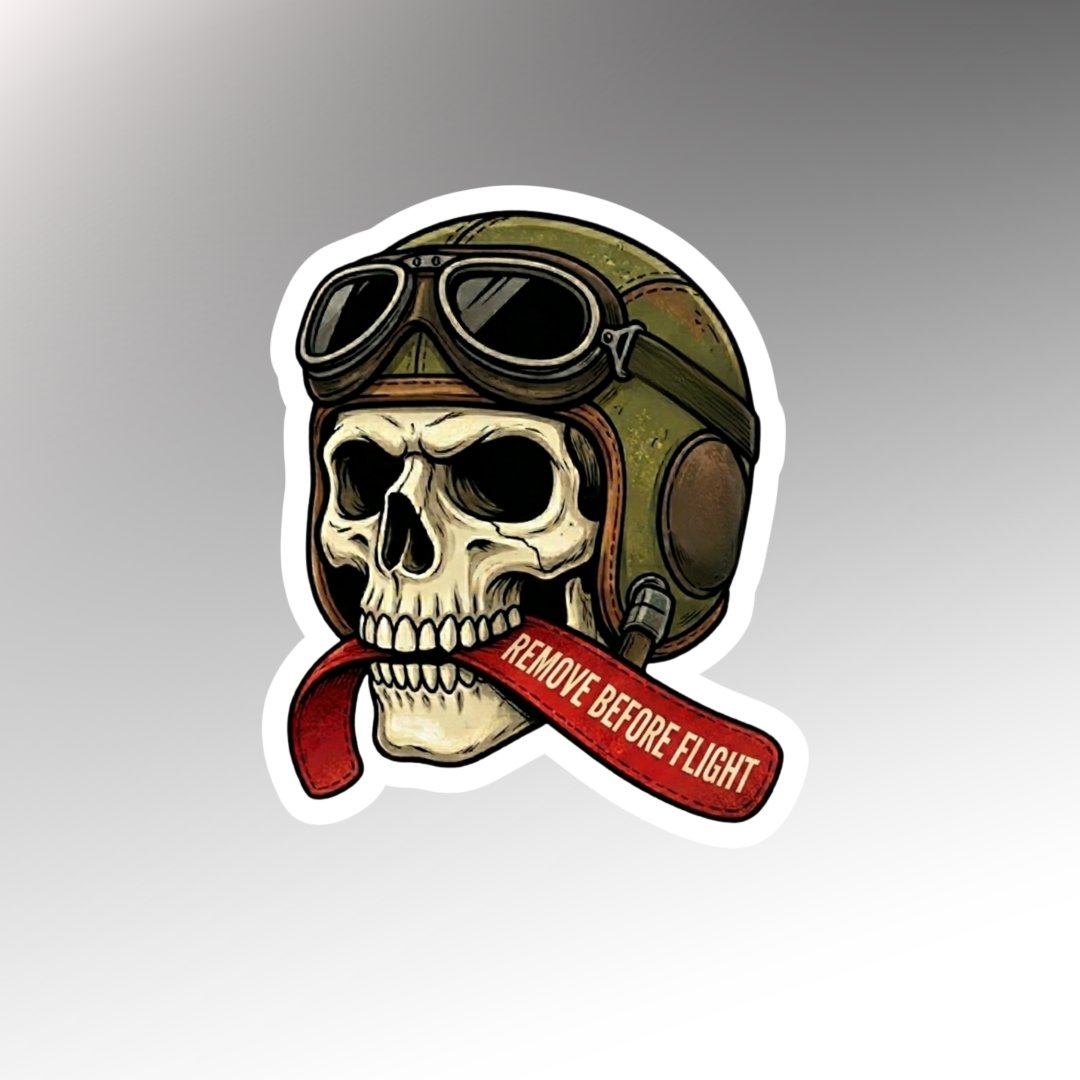WarheadHQ's tweet photo. Just dropped on Etsy:  "Remove Before Flight" skull pilot sticker! 

 Perfect for your flight helmet, toolbox, or laptop that’s seen some Gs. 
Who else is flying with style? 
https://t.co/DCicHPeKgf https://t.co/9cPptzTqhi