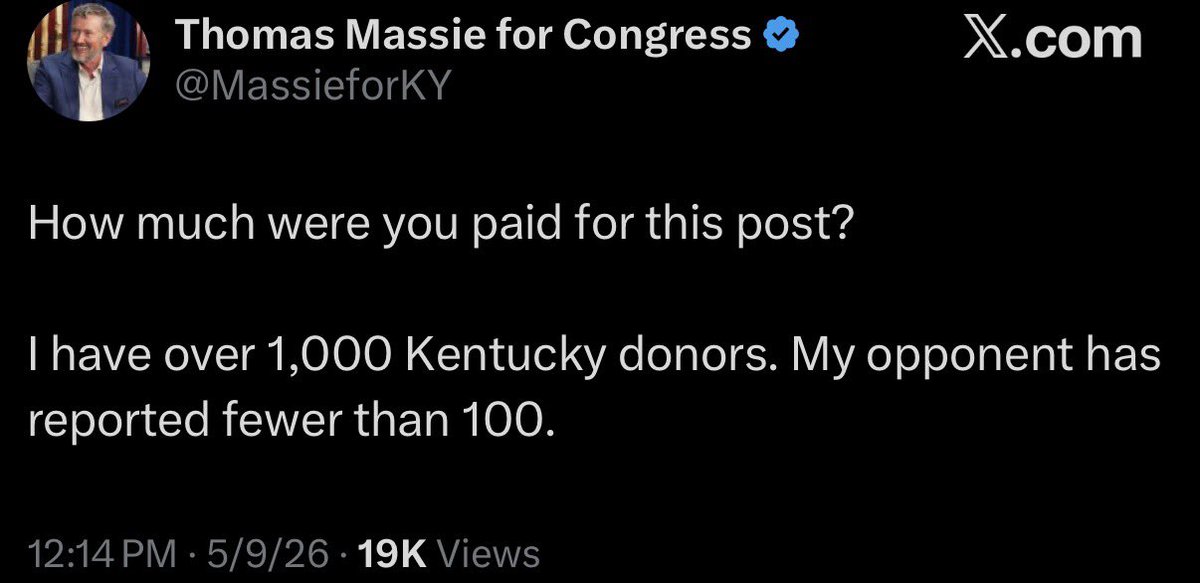 Thomas Massie who is famous  for having Pakistani accounts boost him while blocking every American conservative on X is now accusing people of "being paid" who say negative things on his posts. 

"Everyone who hates me is paid" is not a winning strategy. 

Vote him out Kentucky!