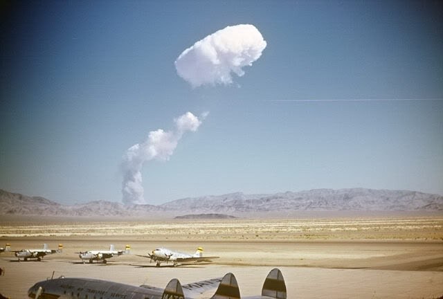 «Encore» 27-kiloton nuclear test, conducted at the Nevada Test Site on May 8, 1953. These rare amateur photographs were taken at Indian Springs Air Force Base.