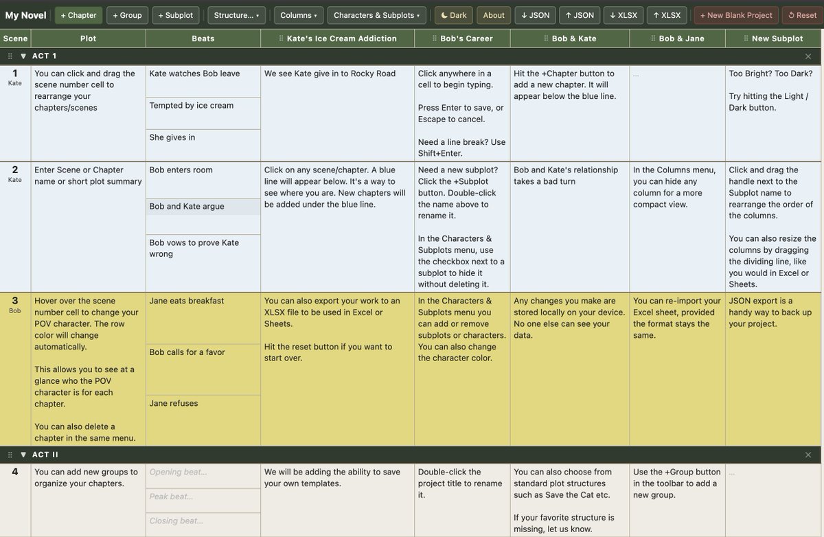 AlexGuyBooks's tweet photo. So... I made something for authors

I loved the idea a plot grid but spreadsheets are too cumbersome. So I made a tool for myself and figured other authors might want it too, The Plot Grid takes a process many people do in Excel or Google Sheets and simplifies it into a purpose-built tool with a familiar form.

It's in beta now. It’s free and will always have a free version. Go play with it all you want. Anything you create is stored locally on your device.