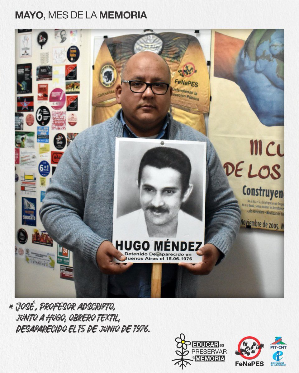 FenapesUruguay's tweet photo. ¿DÓNDE ESTÁN?
En mayo abrimos las puertas de nuestra casa para habitar la memoria.

🫂José, profesor adscripto e integrante de nuestro Ejecutivo, junto a Hugo, obrero textil, detenido desaparecido el 15 de junio de 1976. 

Educar es preservar la memoria.
#FenapesSeMueve https://t.co/29engufCi1