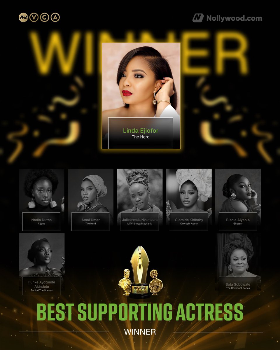 Nollywoodcom's tweet photo. ❇️ Winner of the Best Supporting Actress Category for the 12th edition of the AMVCA goes to @LindaEjiofor  for the movie ‘The Herd’. And  Best Lead Actress  for  the movie ‘The Serpent’s Gift’ 

#AMVCA12 https://t.co/fePQPMB1mc