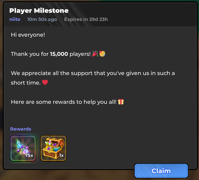 playAWIII's tweet photo. 15K PLAYERS!
Thank you for 15,000+ live players! 🔥
Please check your inbox to receive rewards! 🎁
#ROBLOX #AW3 #AnimeWarriors https://t.co/nJVCsP2Xr6