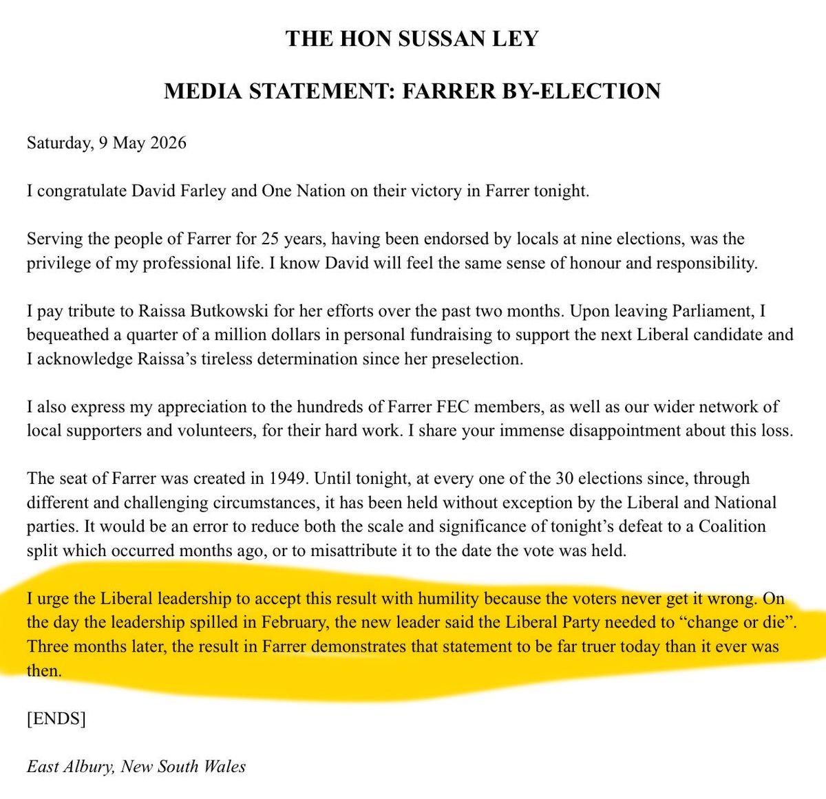 Sussan Ley's parting shot to Angus Taylor is to use Angus Taylor's own words - "the Liberal Party needs to change or die".

I guess they've chosen death.