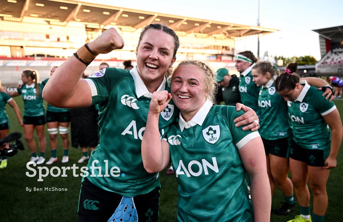 sportsfile's tweet photo. Brittany Hogan, left, and Neve Jones of Ireland celebrate after the Women's 6 Nations Rugby Championship match between Ireland and Wales at Affidea Stadium.

📸 @sportsfileben 

https://t.co/oau1woRJOU https://t.co/t9cT7DrSZG