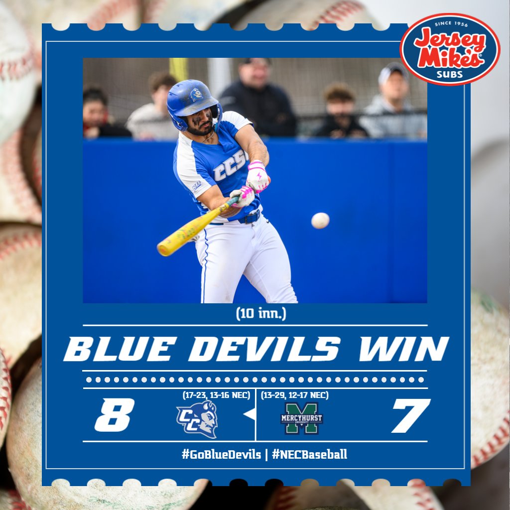CCSUBlueDevils's tweet photo. ⚾️ RECAP 

@ccsubaseball 8, Mercyhurst 7 (10 inn.)

⚾️ Merlonghi: 3-5, HR (4), 3b, 3 RBI
⚾️ Christon: W (4-1), 2.2 IP, 0 H, 0 R
⚾️ O'Neill: 1-5, HR (2), 2 RBI

📰 🔗 https://t.co/y2re15X5PP
⏭ at Mercyhurst, Sun. 1pm

#GoBlueDevils | #NECBaseball https://t.co/5jzND3CExg