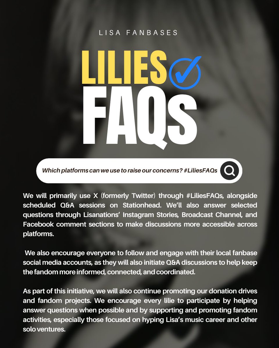 🔎 INTRODUCING #LiliesFAQs!

This is our official hashtag where LILIES can ask serious questions, raise concerns, or seek clarification anytime. Fanbases, translators, and fellow LISA fans can ask and answer/contribute information.

#LISA #LALISA <a href="/wearelloud/">LLOUD</a>